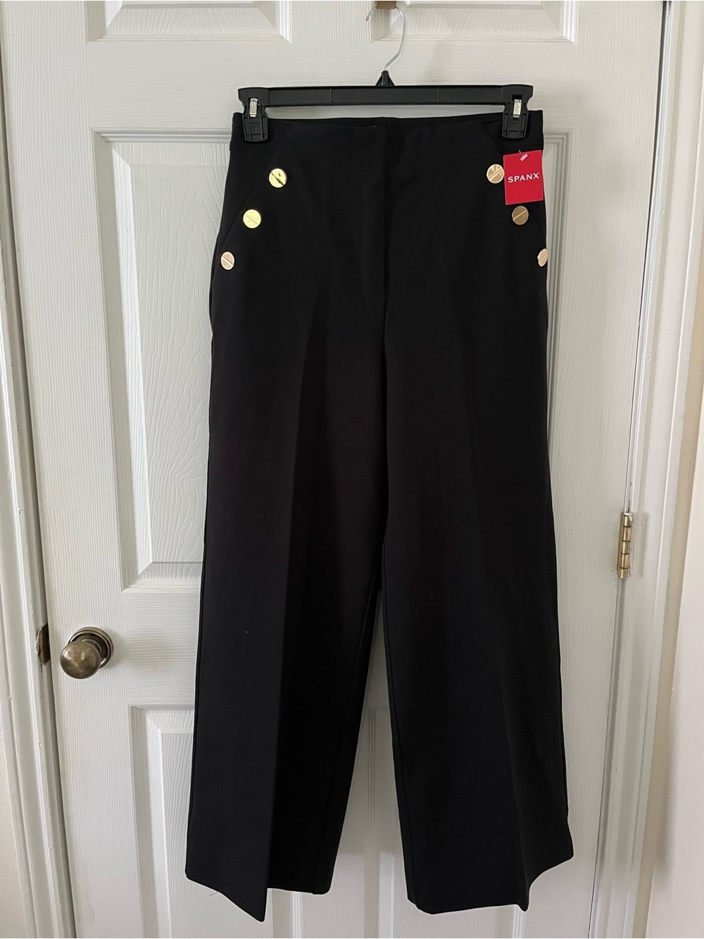 SPANX Black Wide-Leg High Waisted Pants with Gold Buttons
